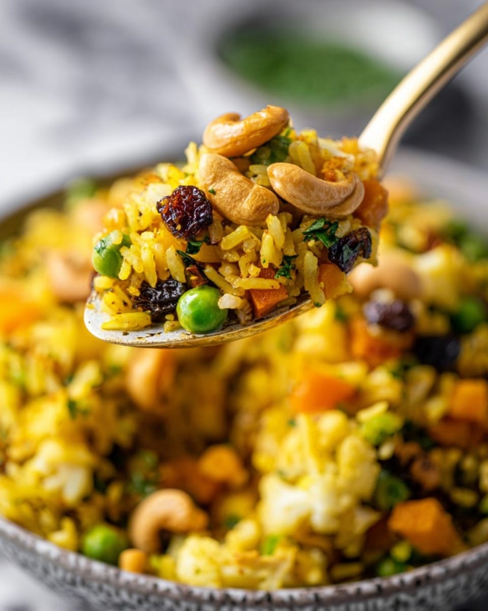 A close-up of a spoon lifting a bite of colorful yellow rice mixed with green peas, small orange carrot pieces, cashews, and dark raisins, showing a mix of textures with soft rice grains, crunchy nuts, and plump raisins. The rice bowl underneath is filled with the same layered rice mixture including white cauliflower bits and green herbs, all on a white marbled surface. The background is softly blurred to emphasize the vibrant dish, photo taken with an iphone --ar 4:5 --v 7