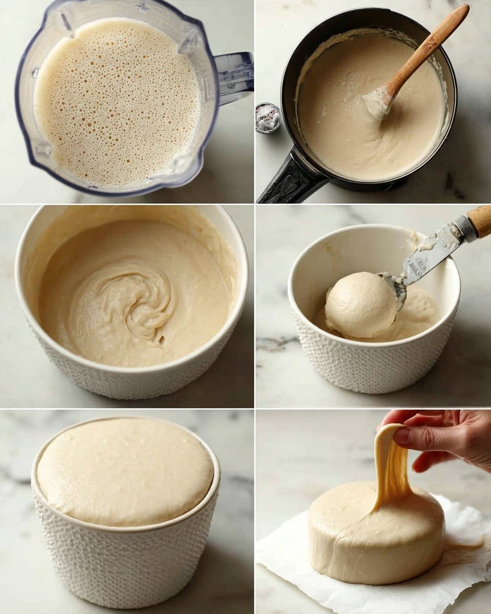 The collage shows the step-by-step process and final look of a smooth, creamy, light beige dish. The first image shows a foam-covered liquid mixture inside a blender. The second image shows a smooth, thick beige batter being stirred in a dark pan with a wooden spoon. The third image features a smooth, thick beige mixture filling a white textured bowl. The fourth image shows a white textured bowl with a silver scoop lifting a round ball of the thick creamy mixture. The fifth image presents the dish unmolded into a smooth, round, solid dome shape on white paper. In the last image, a woman's hand is pulling up a stretchy piece from the creamy dome, showing its elastic texture. The background is a white marbled surface in all images. photo taken with an iphone --ar 4:5 --v 7