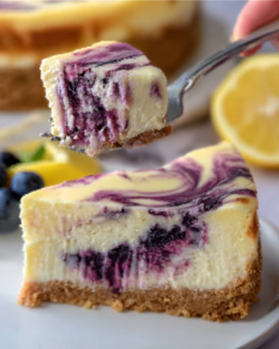 The image shows a close-up of two slices of cheesecake on a white plate, each slice having three layers. The bottom layer is a crumbly light brown crust. The middle layer is thick and creamy with a smooth, pale yellow color. The top layer has a swirl of deep purple and white, creating a marbled effect across the cheesecake. One slice is being lifted by a fork held by a woman's hand, showing the creamy texture and swirl patterns clearly. A few blueberries and a halved lemon are visible in the blurred background on a white marbled surface, adding bright color contrast. The photo has a warm and inviting feel, capturing the detailed swirls and textures. photo taken with an iphone --ar 4:5 --v 7