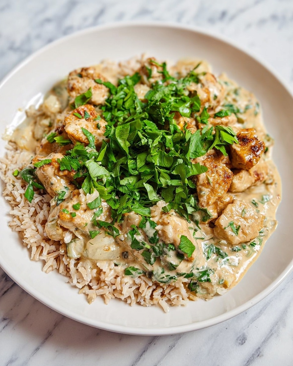 The image shows a white plate filled with three main layers: the bottom layer is brown rice with a soft texture, the middle layer consists of browned chicken pieces coated in a creamy light beige sauce with visible small chunks of cooked onions and green herbs mixed throughout, and the top layer is a generous sprinkle of fresh, bright green chopped herbs placed mainly in the center of the dish. The plate is set on a white marbled surface. Photo taken with an iphone --ar 4:5 --v 7