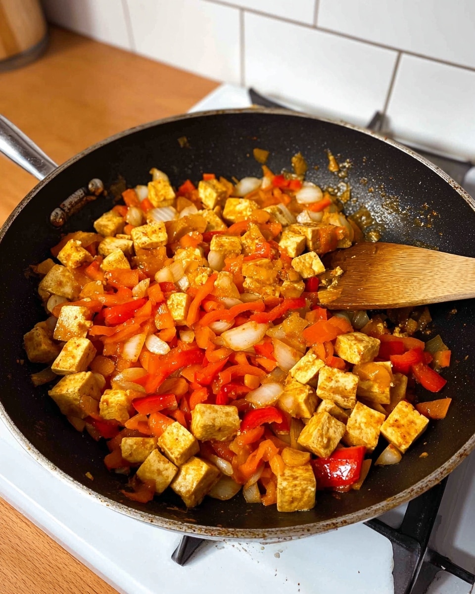 A black frying pan filled with cooked diced pieces of white tofu mixed with orange-red bell peppers and translucent cooked onions all tossed together with a wooden spatula inside the pan. The pan is placed on a white stovetop with a wood-like countertop visible in the background and white tiled wall behind. The colors are warm with orange, white, and light brown shades mixing in the pan. photo taken with an iphone --ar 4:5 --v 7