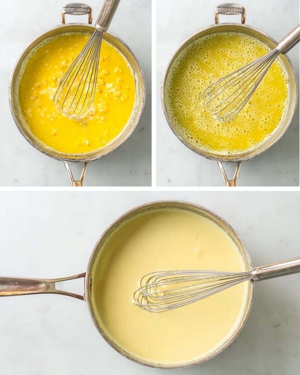 The image shows three side-by-side views of a round metal pan with a handle, placed on a white marbled surface. Each view displays a different stage of thick yellow mixture being stirred by a metal whisk with a round coil at the end. In the first view, the mixture is chunky and bright yellow with small solid pieces. In the second view, the mixture is smoother but with some bubbles on the surface, still in bright yellow. In the third view, the mixture is completely smooth and creamy with a pale yellow color. The metal whisk is held above the pan in all views. Photo taken with an iphone --ar 4:5 --v 7