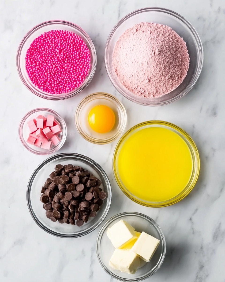 The image shows seven clear glass bowls arranged on a white marbled surface. Starting from the top left, there is a small bowl filled with bright pink round sprinkles, next to it on the right is a large bowl filled with fine pink powder. Below the sprinkles is a tiny bowl with small pink square pieces. At the center, there is a medium bowl with bright yellow liquid, and to the right of it is a medium bowl filled with dark brown chocolate chips. Below the yellow liquid is a small bowl with two pieces of white butter, and to the left of the butter is a small bowl with one raw egg yolk and white. The bowls are neatly arranged and the textures and colors of each ingredient are clear and distinct photo taken with an iphone --ar 4:5 --v 7