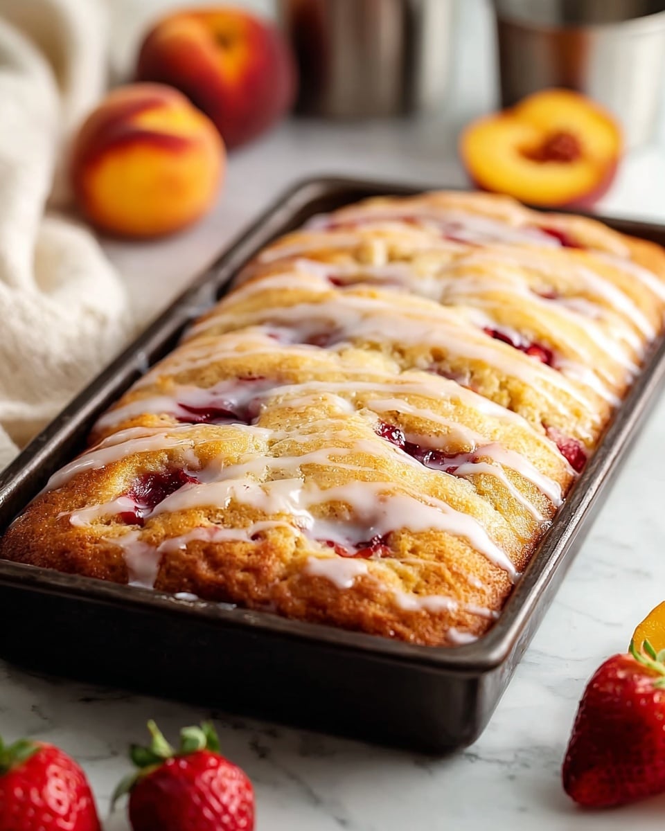 A close-up image of a rectangular baked dessert in a dark baking tray, showing a golden brown top with shiny white glaze drizzled unevenly across the surface. The dessert has red fruit filling peeking through in several spots, which brings contrast to the light golden pastry. Around the baking tray are blurred fresh peaches and strawberries placed on a white marbled surface, along with some silver containers and a soft white cloth on the left side. The scene is softly lit, highlighting the moist, soft texture and the glossy glaze of the dessert. Photo taken with an iphone --ar 4:5 --v 7