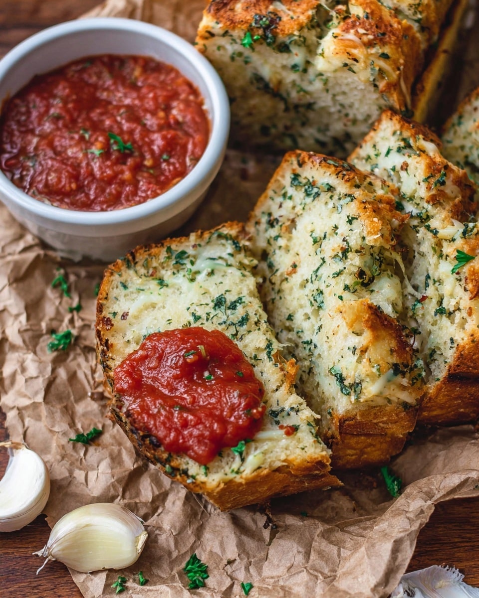 The image shows thick, sliced bread with a golden crust, each slice spread with a mix of green herbs and melted cheese, giving a textured and slightly crispy look. One piece of bread at the front has a bright red tomato sauce dolloped on top, while nearby there is a small white bowl full of chunky tomato sauce with bits of tomato visible. The bread slices are placed on crumpled brown paper over a wooden table, and several whole garlic cloves are positioned near the bottom left corner. The visible layers include a soft, light inside bread, a crispy outer crust, green herb and cheese spread in between, and the glossy, red tomato sauce on top. photo taken with an iphone --ar 4:5 --v 7