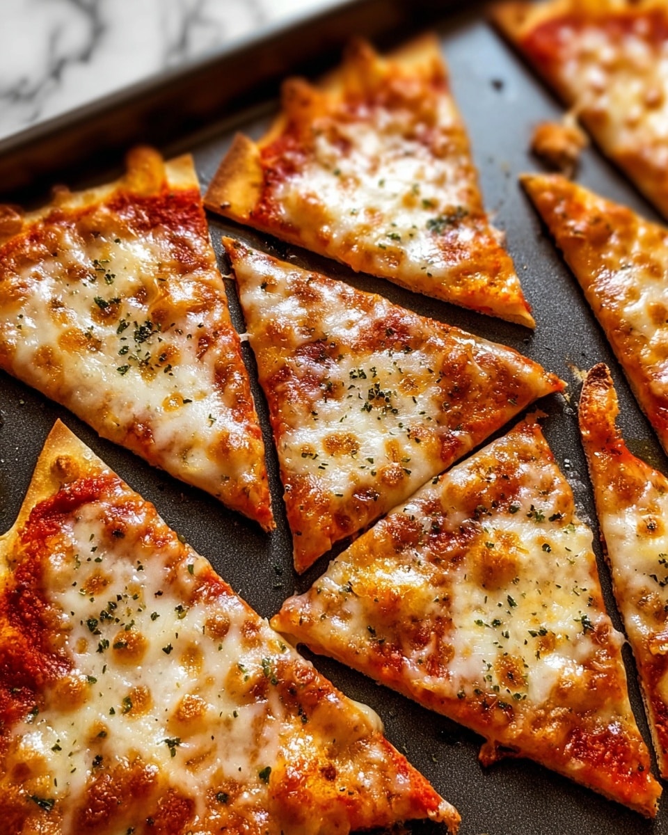 The image shows several slices of thin-crust cheese pizza laid out on a dark tray. Each slice has a base layer of bright red tomato sauce topped with golden, melted cheese that is slightly browned in spots, creating a bubbly texture. The pizza slices are sprinkled with small bits of dried green herbs and black pepper. The crust is light brown and thin, visible around the edges of each triangular slice. The tray lies on a surface with a white marbled texture. Photo taken with an iphone --ar 4:5 --v 7