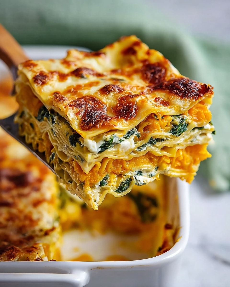 A close-up of a thick slice of lasagna being lifted from a white casserole dish on a white marbled surface shows four layers clearly. The top layer is golden-brown and bubbly cheese with browned spots and a slightly crispy texture. Below it, thin, wavy pasta sheets separate layers of bright orange, smooth pumpkin puree, and dark green spinach mixed with creamy white cheese that looks soft and moist. The layers alternate between pasta, pumpkin, and spinach cheese filling, creating a colorful and rich look. The background is softly blurred with a light green cloth in the distance. Photo taken with an iphone --ar 4:5 --v 7