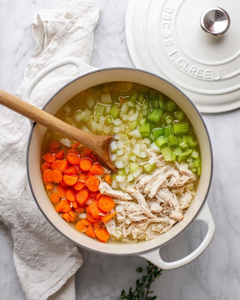 A white pot filled with chicken soup ingredients is shown from above, placed on a white marbled surface. Inside the pot, layers include shredded light brown chicken pieces on the right side, bright green sliced celery at the bottom, orange carrot rounds on the bottom left and left side, and small white chopped onion bits center-left. The soup broth is clear yellowish with some oil sheen, visible between the ingredients. A wooden spoon rests inside the pot on the left. The pot’s white lid with a silver knob marked