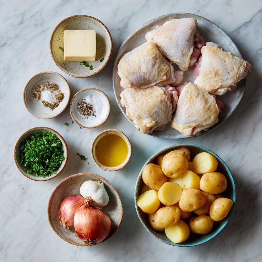 A black pan with four pieces of golden brown roasted chicken thighs placed evenly in the center and around the pan, surrounded by small cubes of browned potatoes that have a slightly crispy texture. The chicken pieces have a shiny, slightly charred skin with green fresh herbs sprinkled generously on top. The pieces and potatoes sit in a light, glossy sauce that pools gently at the bottom. The background is a white marbled surface with some chopped green herbs scattered around the pan edges. photo taken with an iphone --ar 4:5 --v 7