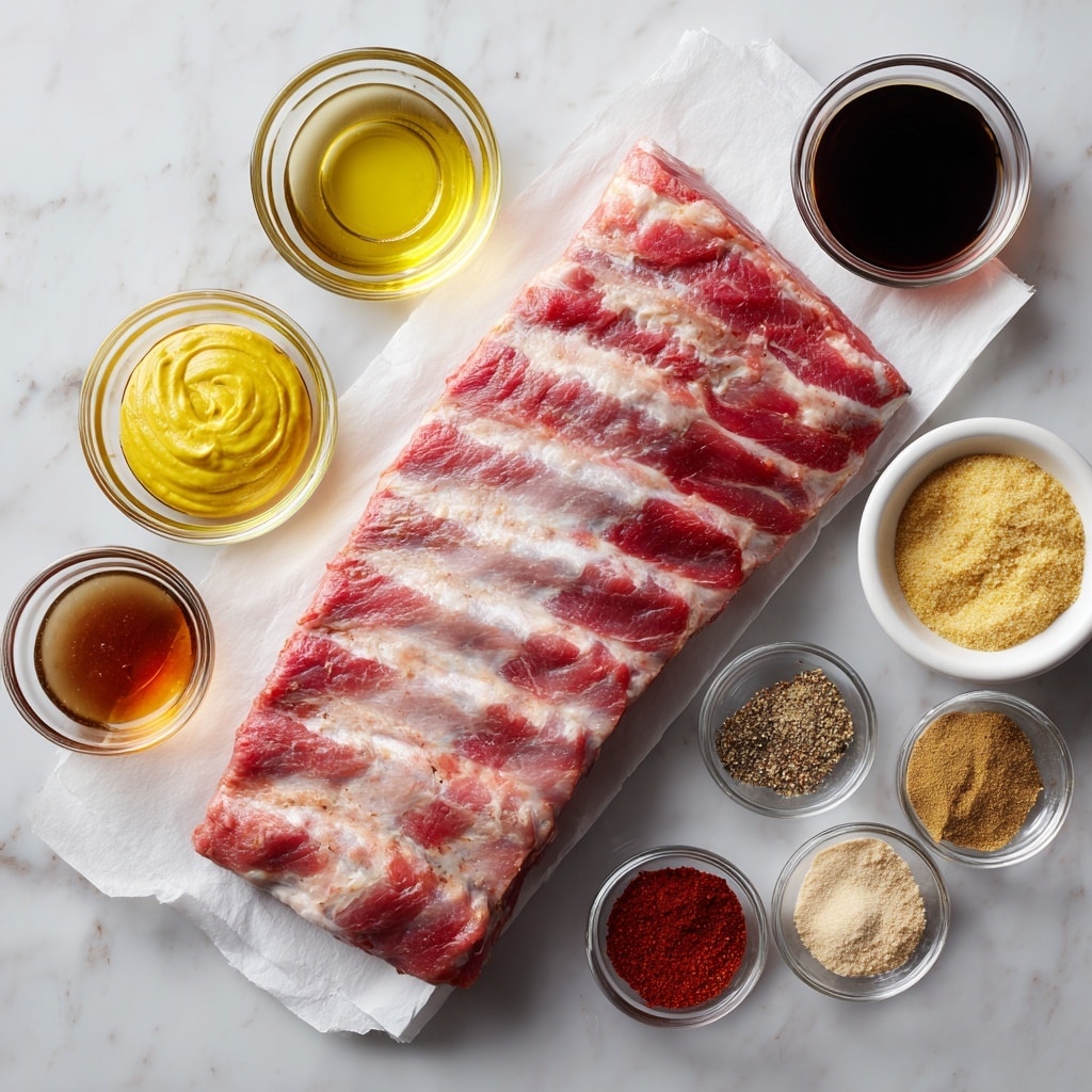 A long slab of raw baby back ribs with a mix of red and pink colors, with white fat streaks, laid on a piece of white paper in the center, surrounded by small clear glass bowls and one white bowl with different spices and sauces: bright yellow mustard with a creamy texture, dark brown Worcestershire sauce, light brown liquid smoke, yellow lemon pepper spice, beige onion powder, darker beige garlic powder, white kosher salt, black pepper, bright red paprika, and a small amount of dark red cayenne powder. The items are placed on a white marbled surface photo taken with an iphone --ar 4:5 --v 7