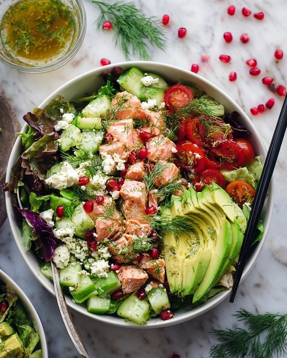 A white bowl sits on a white marbled surface filled with a colorful mixed salad. The bottom layer is dark green leafy lettuce, topped with bright red cherry tomatoes, green cucumber slices, and chunks of pink cooked salmon. Large slices of light green avocado are arranged on top, scattered with white crumbled cheese and small red pomegranate seeds. Sprigs of fresh green dill are spread over the whole salad. A fork with a black handle rests on the bowl's edge. Some pomegranate seeds and dill sprigs are scattered on the surface around the bowl. Photo taken with an iphone --ar 4:5 --v 7
