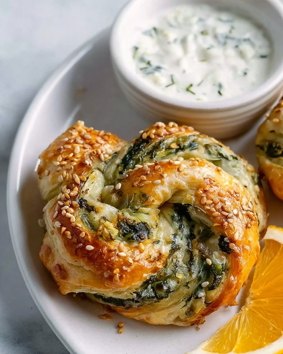 The image shows a close-up of a flaky pastry shaped like a twisted knot with a golden brown crust topped with toasted sesame seeds. Inside the pastry, there is a green and white filling made of chopped spinach and soft cheese visible through the twist layers. The pastry rests on a white plate with a white marbled surface beneath. Next to it, there is a white bowl filled with a creamy white sauce with green herbs and two orange lemon wedges partially in frame. A woman's hand is not visible but appears implied by a slightly torn piece at the pastry edge. Photo taken with an iphone --ar 4:5 --v 7