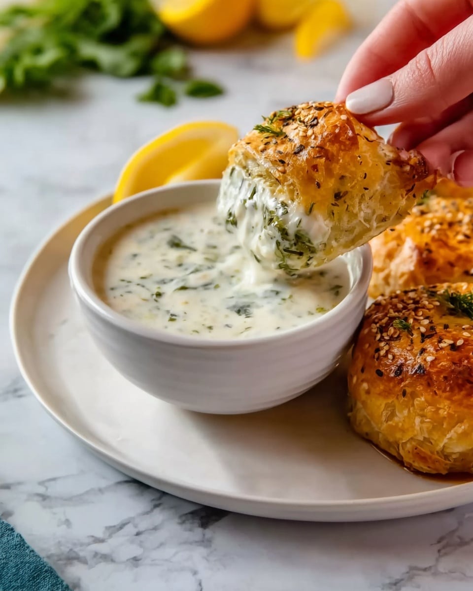 A close-up of a white bowl filled with a creamy white sauce with green herb specks. A round golden-brown pastry with a shiny crust and some sesame seeds on top rests on a white plate in front of the bowl. A woman’s hand holds a piece of the same pastry, half-dipped in the sauce. In the background, there are some yellow lemon slices and green herbs on a white marbled surface. photo taken with an iphone --ar 4:5 --v 7