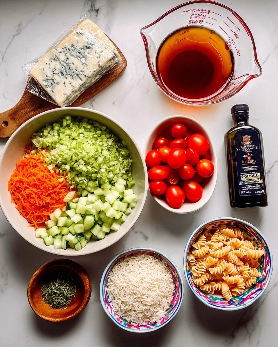 The image shows several ingredients placed on a white marbled surface. At the center left, there is a large white bowl filled with finely chopped green celery, shredded orange carrots, chopped pale green cucumber, and a cluster of small bright red cherry tomatoes. Below it, a smaller white bowl contains plain white rice. To the right of the rice, a white bowl with a colorful rim is filled with shaped, light orange pasta. Above this bowl is a clear glass measuring cup filled with reddish-brown liquid. Near the top left, a wrapped block of blue cheese rests next to a small wooden bowl filled with mixed herbs and a small wooden spoon. On the far right, a black bottle of extra virgin olive oil stands upright. The clean and organized arrangement of colorful ingredients creates a bright and fresh look, photo taken with an iphone --ar 4:5 --v 7