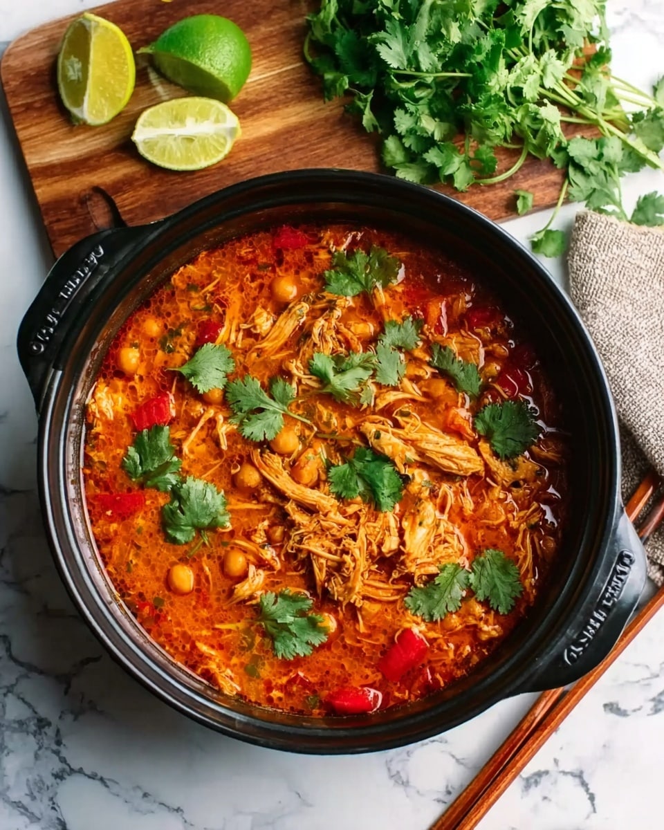 A round black pot filled with a rich orange stew with shredded chicken, red pieces of pepper, and small chickpeas mixed together. Bright green cilantro leaves are scattered on top, adding a fresh touch. The pot sits on a white marbled surface with a wooden board behind it, holding lime wedges and a bunch of fresh cilantro. Below, a white round plate with brown wooden chopsticks rests nearby. photo taken with an iphone --ar 4:5 --v 7