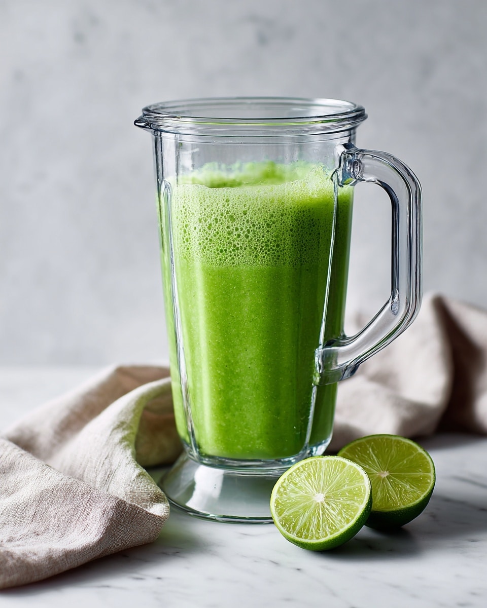 A clear glass blender filled halfway with a bright green smooth liquid, slightly frothy on top; the blender sits on a white marbled surface with a soft tan cloth draped to the left side. To the right of the blender, there are two lime halves placed close together, showing a fresh juicy texture. The scene is bright and clean, focusing on the fresh green mixture inside the blender. photo taken with an iphone --ar 4:5 --v 7