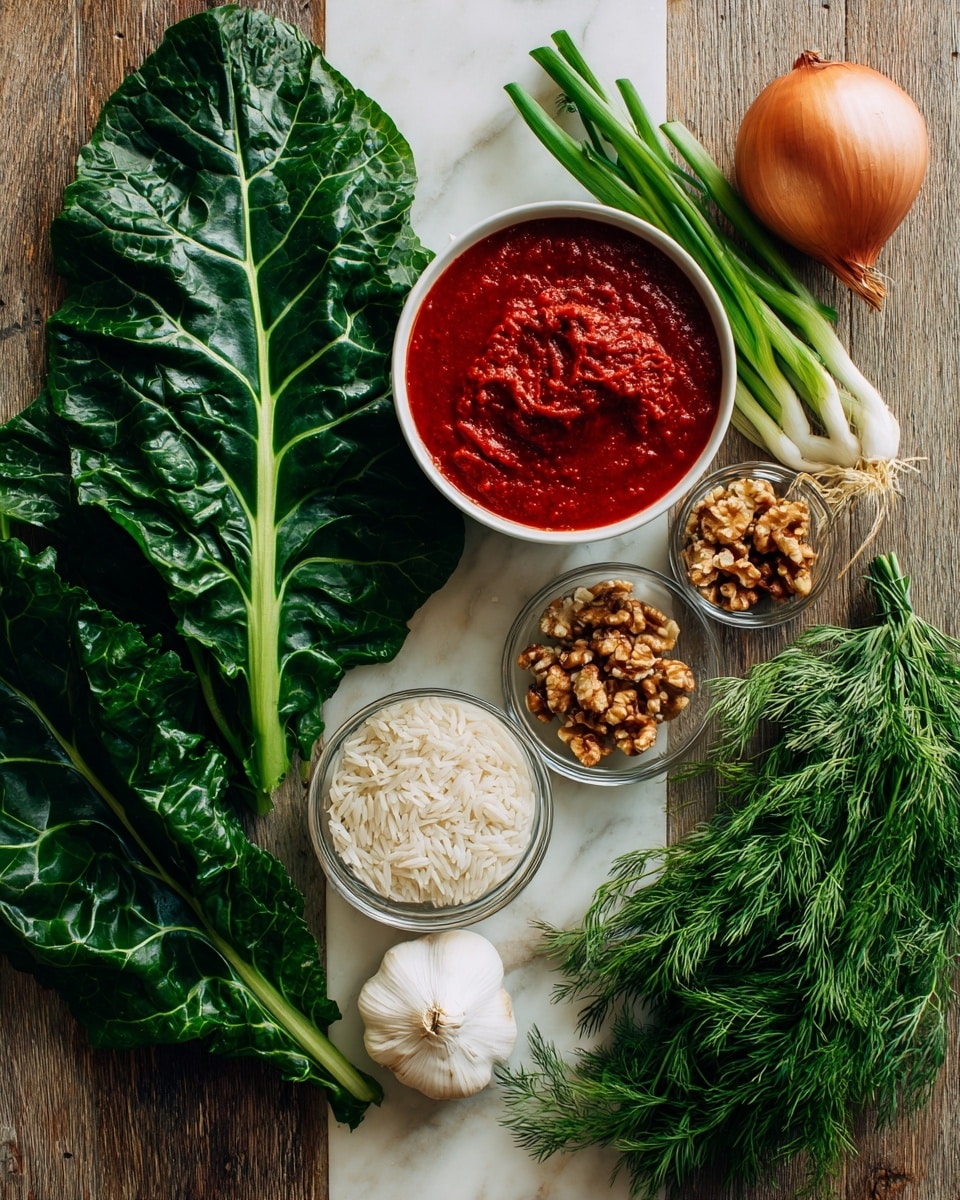 A top view of fresh cooking ingredients arranged on a wooden surface with a white marbled texture. On the left side, large dark green Swiss chard leaves with visible veins. In the center, a white round bowl filled with thick red tomato sauce. Below the tomato sauce, a small clear glass bowl of white rice grains. To the right of the tomato sauce, a small clear glass bowl of brown walnut pieces. Above the walnuts, some green onions with bulbs and stems. Next to the walnuts, a red onion with a smooth skin. Below the onion, a white garlic bulb with several cloves visible. At the bottom right, bunches of fresh green dill and parsley herbs with feathery and leafy textures. photo taken with an iphone --ar 4:5 --v 7