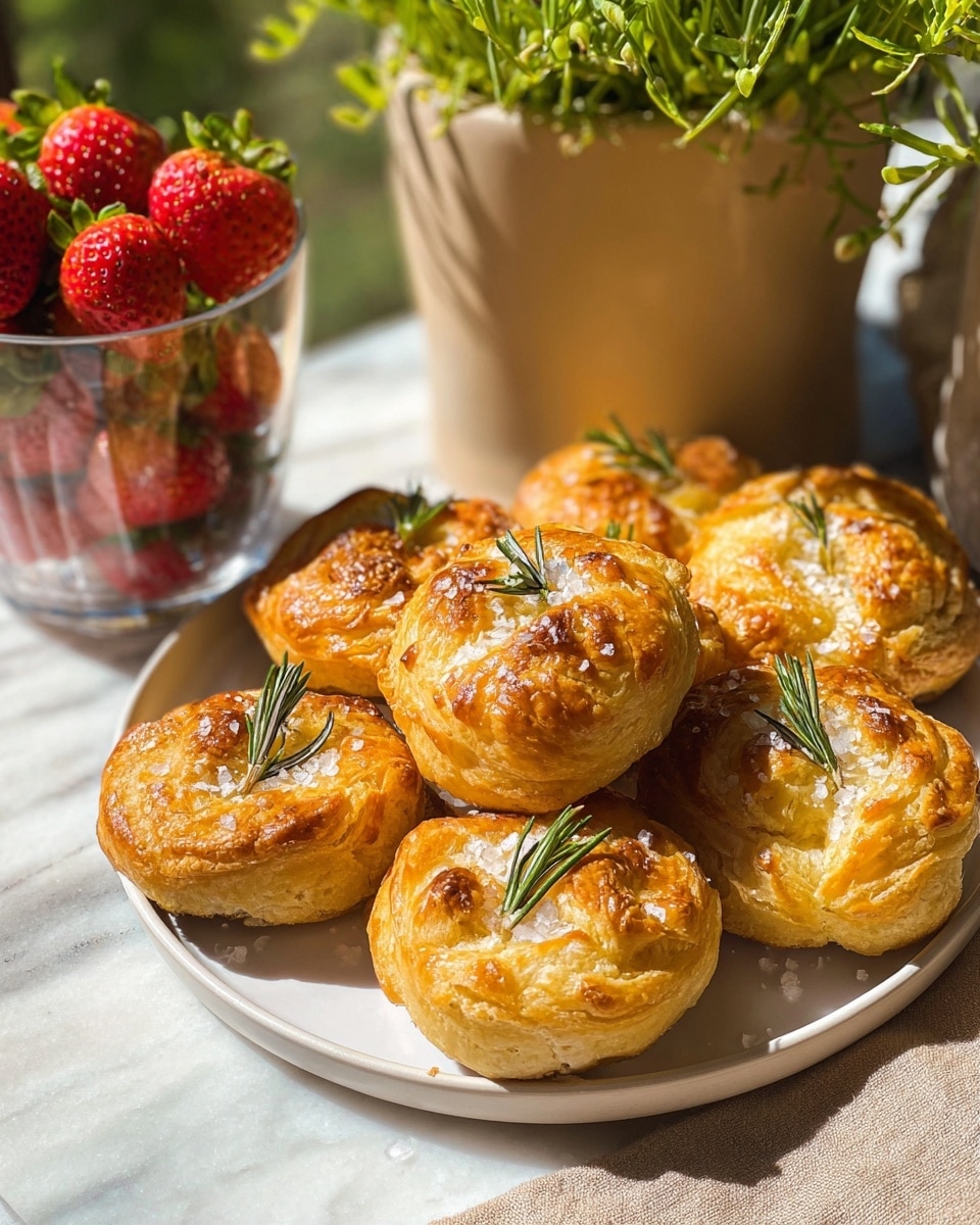 A white plate is filled with seven golden-brown, puffed pastries that have a flaky and crunchy texture. Each pastry is topped with a small, fresh green rosemary sprig and sprinkled with coarse sea salt. The pastries vary slightly in shape but all show layered, crispy crusts that reflect the light, emphasizing their baked, buttery surface. Behind the plate, there is a clear glass cup filled with bright red strawberries with green leaves, and a beige pot with green plants. Everything is set on a white marbled surface with soft natural sunlight highlighting the textures and colors, giving the scene a warm and fresh feel photo taken with an iphone --ar 4:5 --v 7