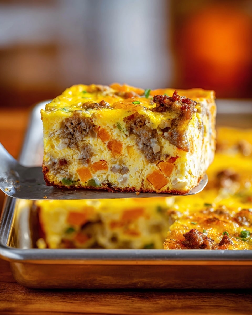 A thick square piece of egg casserole is held on a metal spatula above a metal baking tray. The casserole has four visible layers: the top is a golden-yellow cheese layer slightly browned, below it is a light yellow egg layer mixed with orange chunks of sweet potatoes and small green pepper pieces, speckled with brown cooked sausage pieces spread throughout. The texture looks soft and moist with a bit of crumbled sausage on the surface. The baking tray rests on a wooden surface, and the background is softly blurred with warm colors. photo taken with an iphone --ar 4:5 --v 7