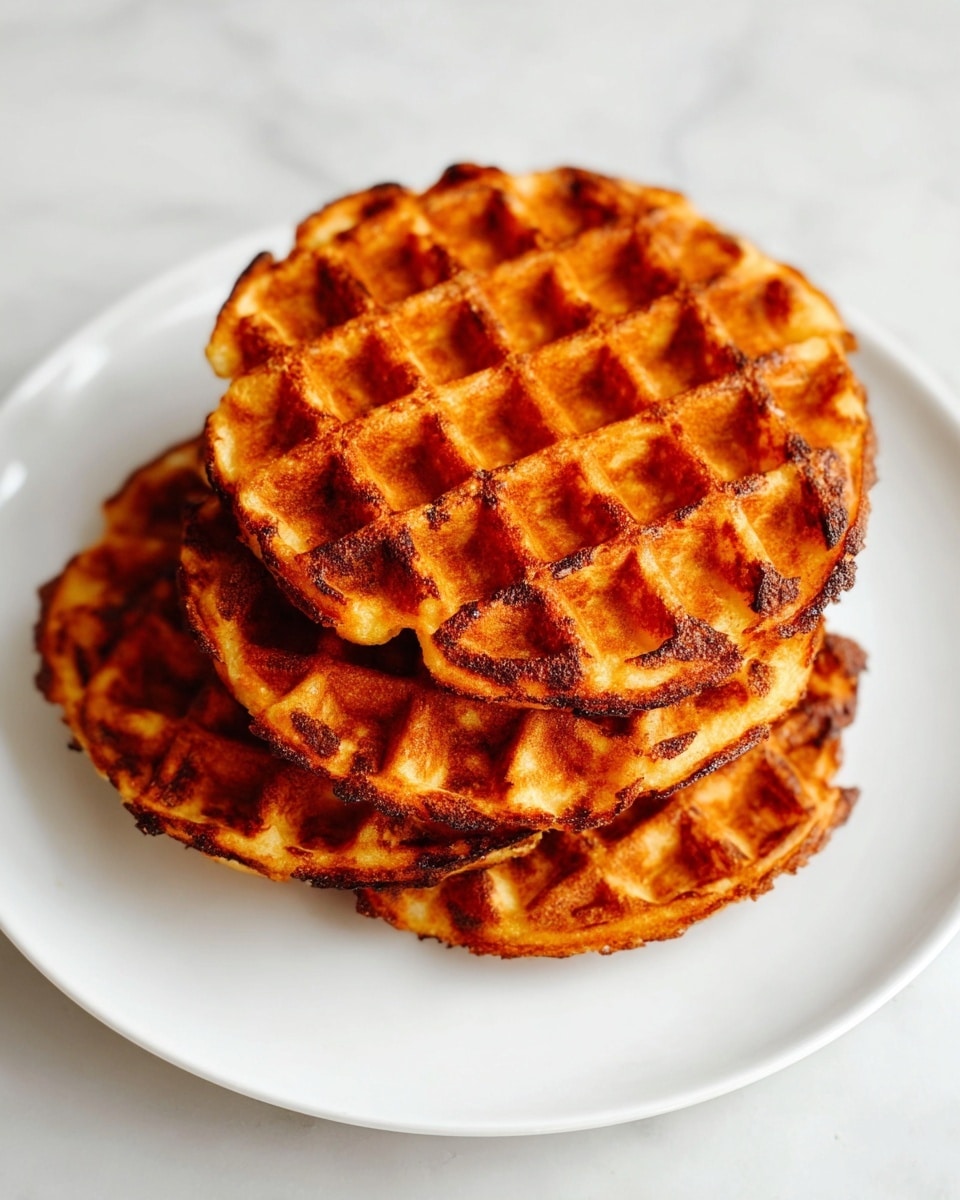 Four round waffles are stacked on a white plate, each waffle having a deep grid pattern and a golden brown to dark orange color with some darker spots showing crisp edges. The waffles appear thick with a slightly rough texture, and they are closely aligned, overlapping each other in a neat arrangement on a white marbled surface. photo taken with an iphone --ar 4:5 --v 7