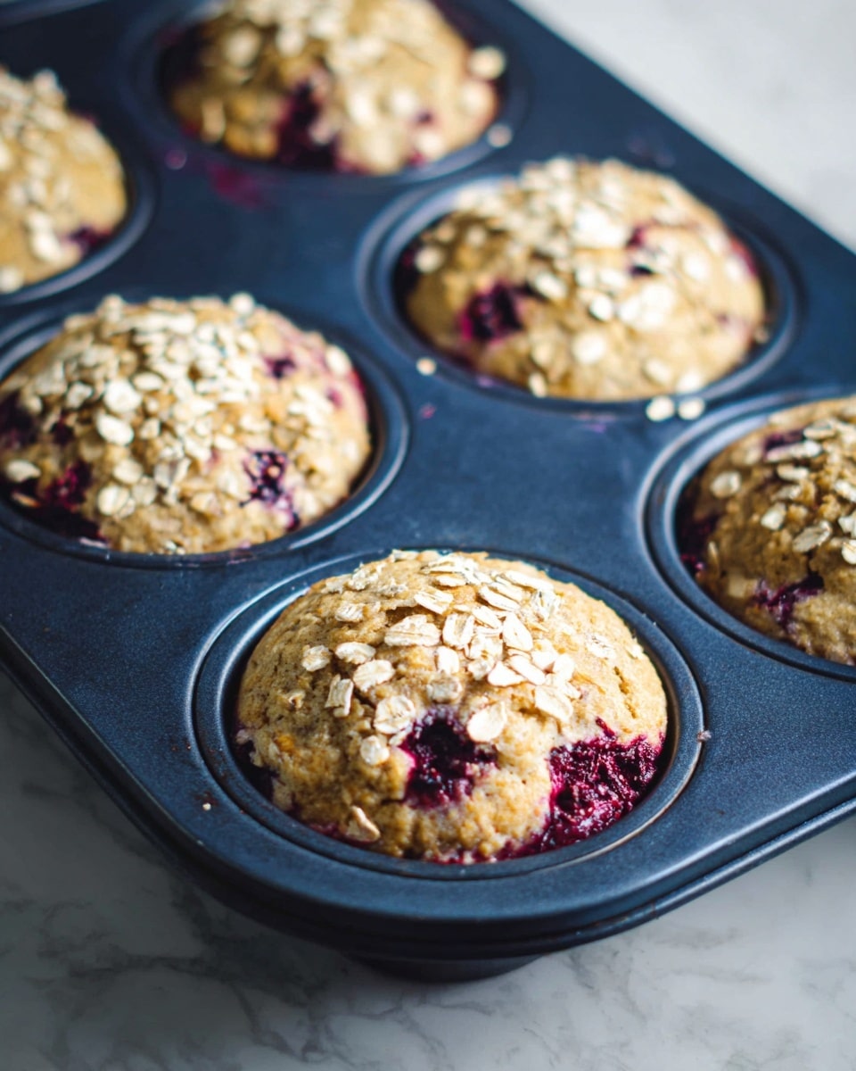 A close-up view of a dark blue muffin tray holding six freshly baked muffins, each with a golden brown top sprinkled with light beige oats and visible dark purple berry pieces embedded near the surface. The muffins are rounded and slightly domed, with soft, moist texture visible on the top layer. The muffins sit neatly in the round cups of the tray, which rests on a white marbled textured surface in soft natural light. photo taken with an iphone --ar 4:5 --v 7