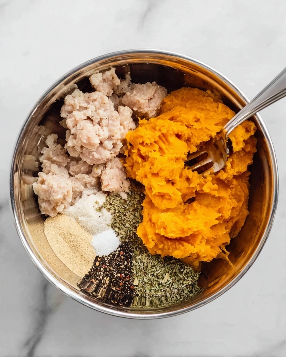 A silver metal bowl sits on a white marbled surface, filled with several ingredients grouped separately inside. On the left is pale beige ground meat with a soft, uneven texture. Next to it on the right is bright orange mashed pumpkin with a smooth, slightly fibrous texture, partially pressed with a silver fork lying on top. Below these are several piles of dry seasoning powders and dried herbs: white and beige powders, dark brown fine powder, green dried herbs with a coarse texture, and a heap of black pepper with a slightly rough texture. The ingredients are distinct and unmixed, showing clear color contrasts. Photo taken with an iphone --ar 4:5 --v 7