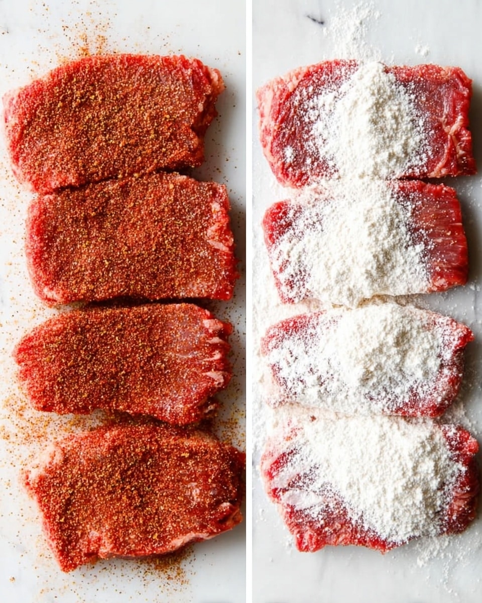 The image shows two side-by-side views of four flat pieces of raw red meat on a white marbled surface. On the left side, each piece is evenly covered with a reddish-brown dry spice rub, giving the meat a textured look. On the right side, the same four pieces are now powdered with a light white flour layer, which lightly coats each piece showing a dusty texture. The meat pieces are arranged similarly in both views, lying flat and close to each other. Photo taken with an iphone --ar 4:5 --v 7