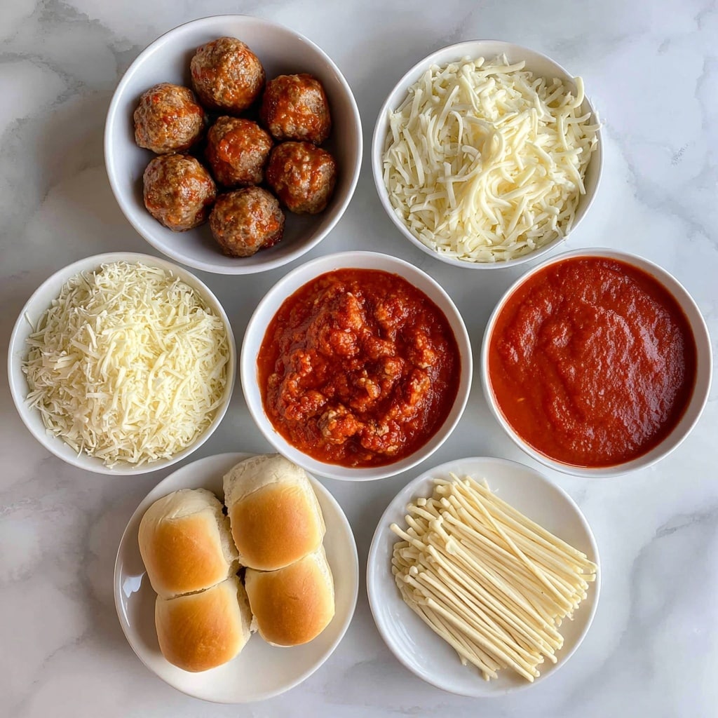 Three sandwiches sit side by side on a white rectangular plate placed on a white marbled surface. Each sandwich has a golden brown bun that holds two large meatballs covered in red tomato sauce. Melted white cheese is draped over the meatballs, with thin strips of white cheese arranged on top in a crisscross pattern that looks like football laces. A brown cloth with a white football design is partially visible in the background. Photo taken with an iphone --ar 4:5 --v 7
