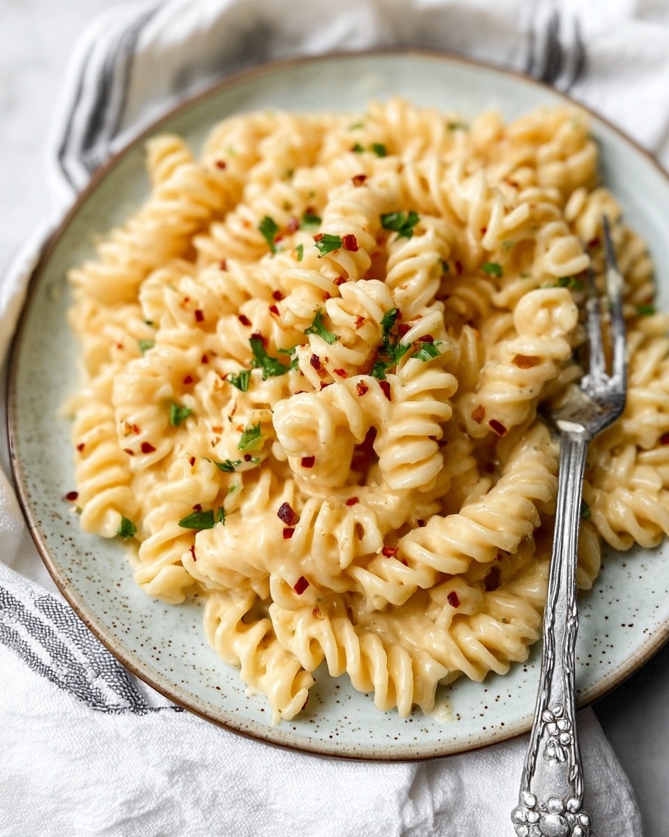 A close-up view of spiral pasta coated in creamy, light yellow cheese sauce inside a white speckled pan with a wooden handle. The pasta is sprinkled with small bits of green herbs and red chili flakes, adding color contrast. A wooden spoon partially covered in sauce and herbs is placed on the right side inside the pan, mixing the pasta. The visible background is a white marbled texture with a soft cloth under the pan on the lower side. photo taken with an iphone --ar 4:5 --v 7