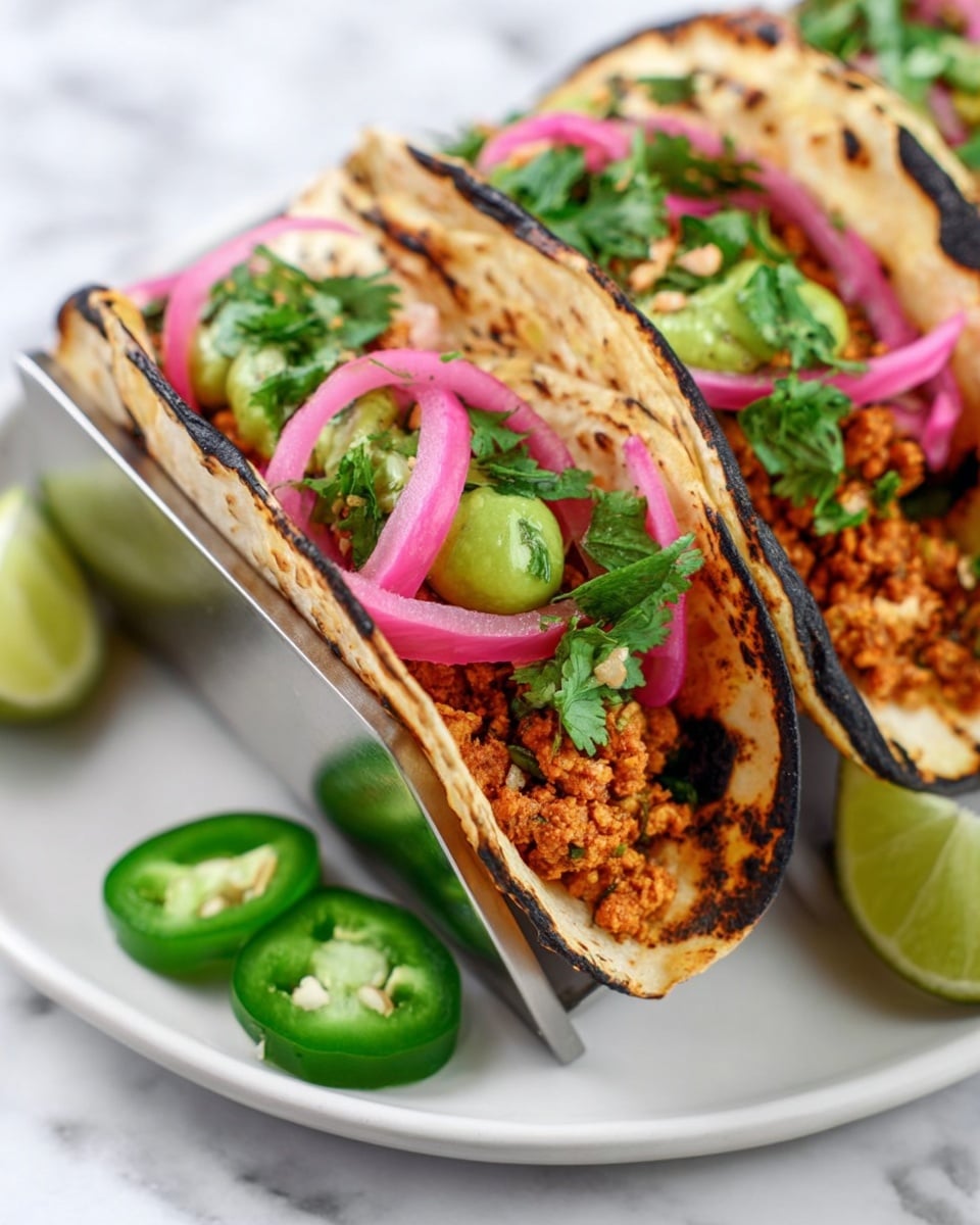 Three tacos are lined up in a metal taco holder on a white plate resting on a white marbled surface. Each taco has one lightly charred, soft corn tortilla forming the shell. Inside, there is a layer of crumbled cooked filling that is reddish-brown in color, topped with bright green dollops of sauce and sprinkled with pickled, thin pink onion slices. Fresh green cilantro leaves are scattered inside each taco, adding a fresh touch. On the plate near the tacos are slices of fresh green jalapeño and a wedge of light green lime. The photo taken with an iphone --ar 4:5 --v 7