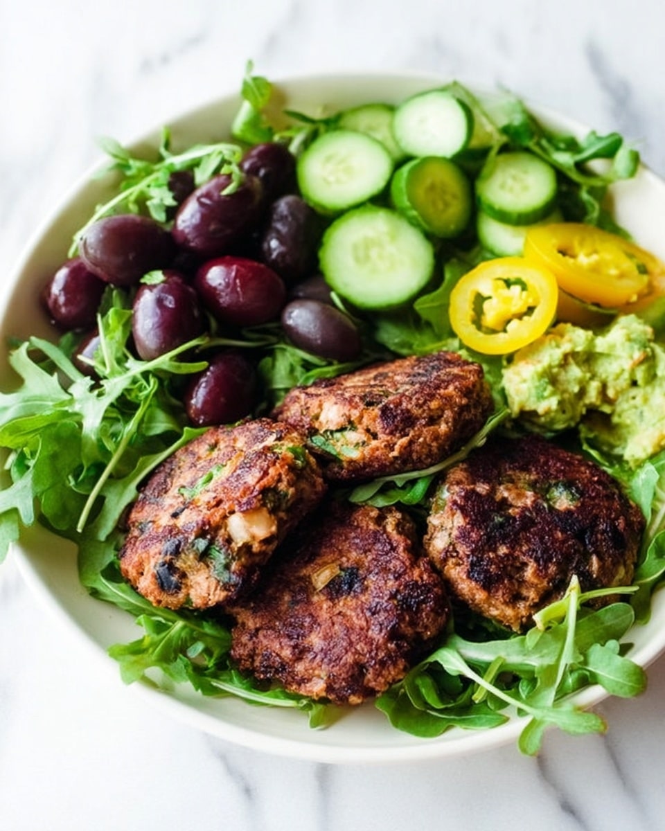 The image shows a white plate on a white marbled surface filled with a colorful meal. There are four browned patties with a crispy texture and green bits inside, resting on a bed of fresh green arugula leaves. Next to the patties is a small pile of sliced cucumber, bright green and juicy. There are some dark purple grapes placed near the patties, and a few slices of yellow jalapeño peppers sitting on top of a light green mash, possibly avocado or guacamole. The overall look is fresh and vibrant with many shades of green complemented by the browned patties and purple grapes, photo taken with an iphone --ar 4:5 --v 7