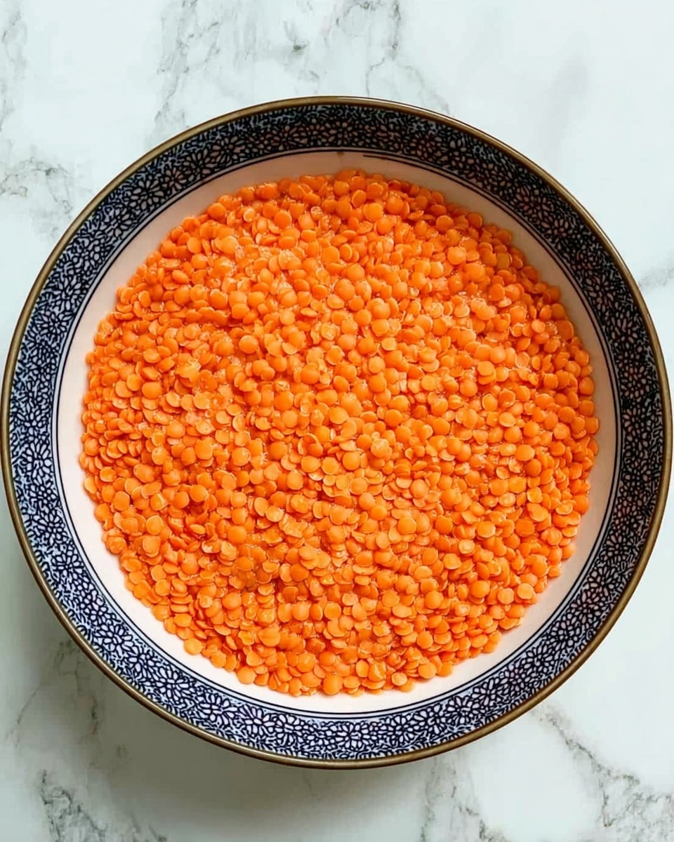A top view of a single layer dish in a white bowl with a dark blue patterned rim, filled completely with small, smooth, orange lentils. The lentils are evenly spread and packed tightly, showing a slightly textured surface with no other items visible. The bowl sits on a white marbled surface. photo taken with an iphone --ar 4:5 --v 7