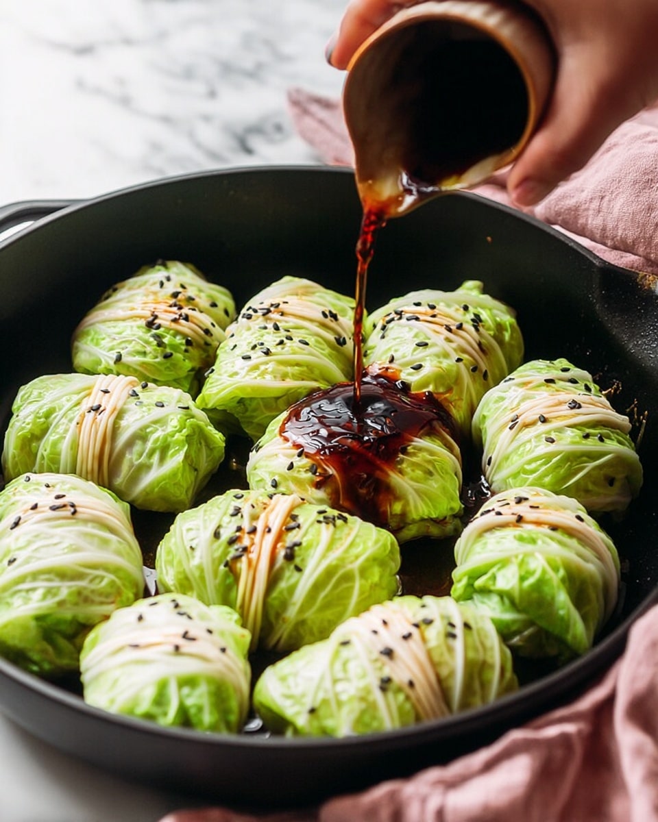 A round black pan is filled with neatly arranged light green cabbage rolls wrapped with thin white strips, each roll topped with small black sesame seeds. A dark glossy sauce is being poured over the rolls from a small brown container held by a woman's hand, with the sauce flowing smoothly and glistening. The background and surface under the pan feature a white marbled texture with soft pink cloth on the right side. Photo taken with an iphone --ar 4:5 --v 7