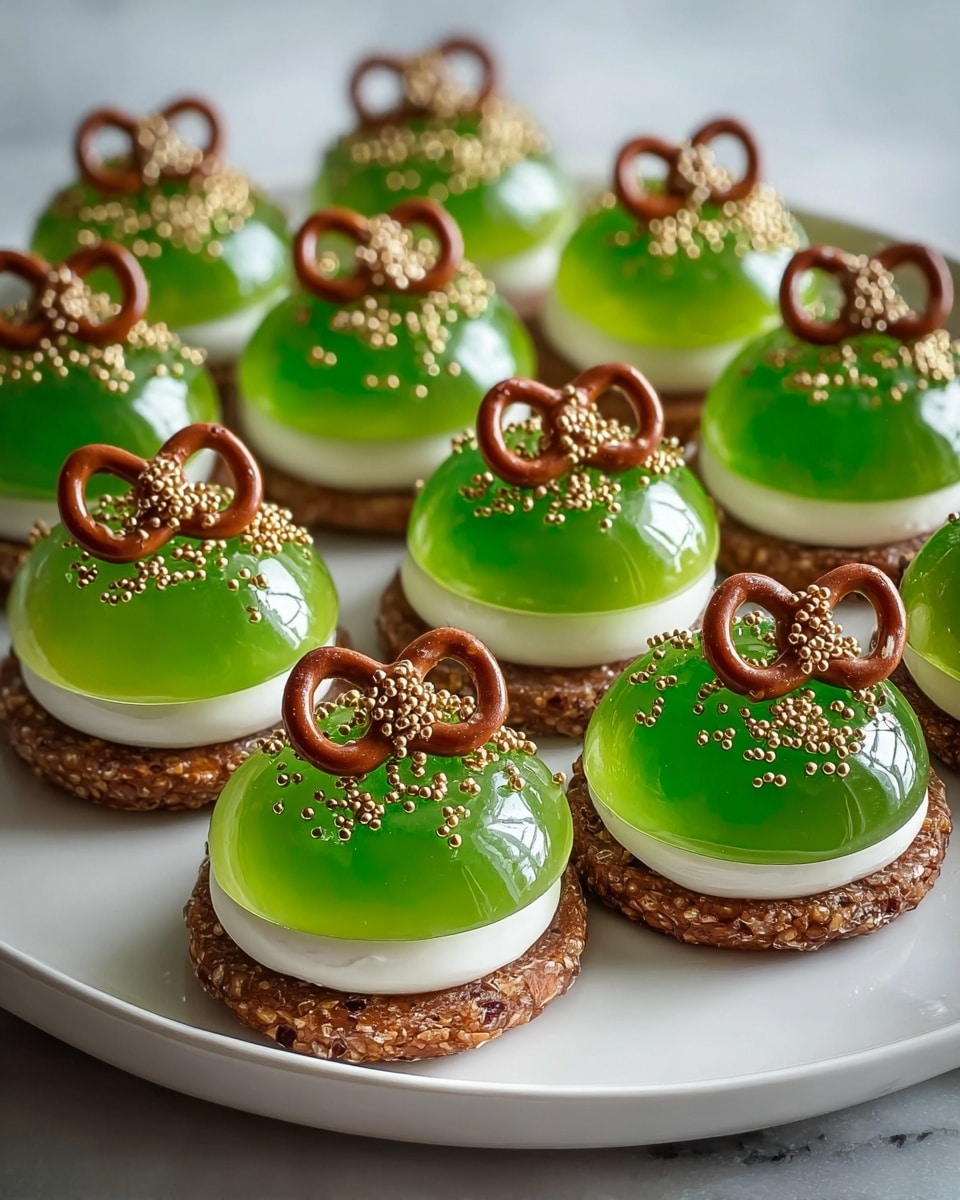 The image shows nine green dome-shaped desserts neatly arranged on a white plate with a white marbled surface underneath. Each dessert is made of three layers: a round pretzel base on the bottom, a smooth white creamy middle layer, and a shiny green dome on top. On top of each green dome, there is a small pretzel piece shaped like a bow, decorated with small gold sprinkles. The green domes have a glossy, smooth texture that reflects light, giving them a fresh and vibrant look. Photo taken with an iphone --ar 4:5 --v 7