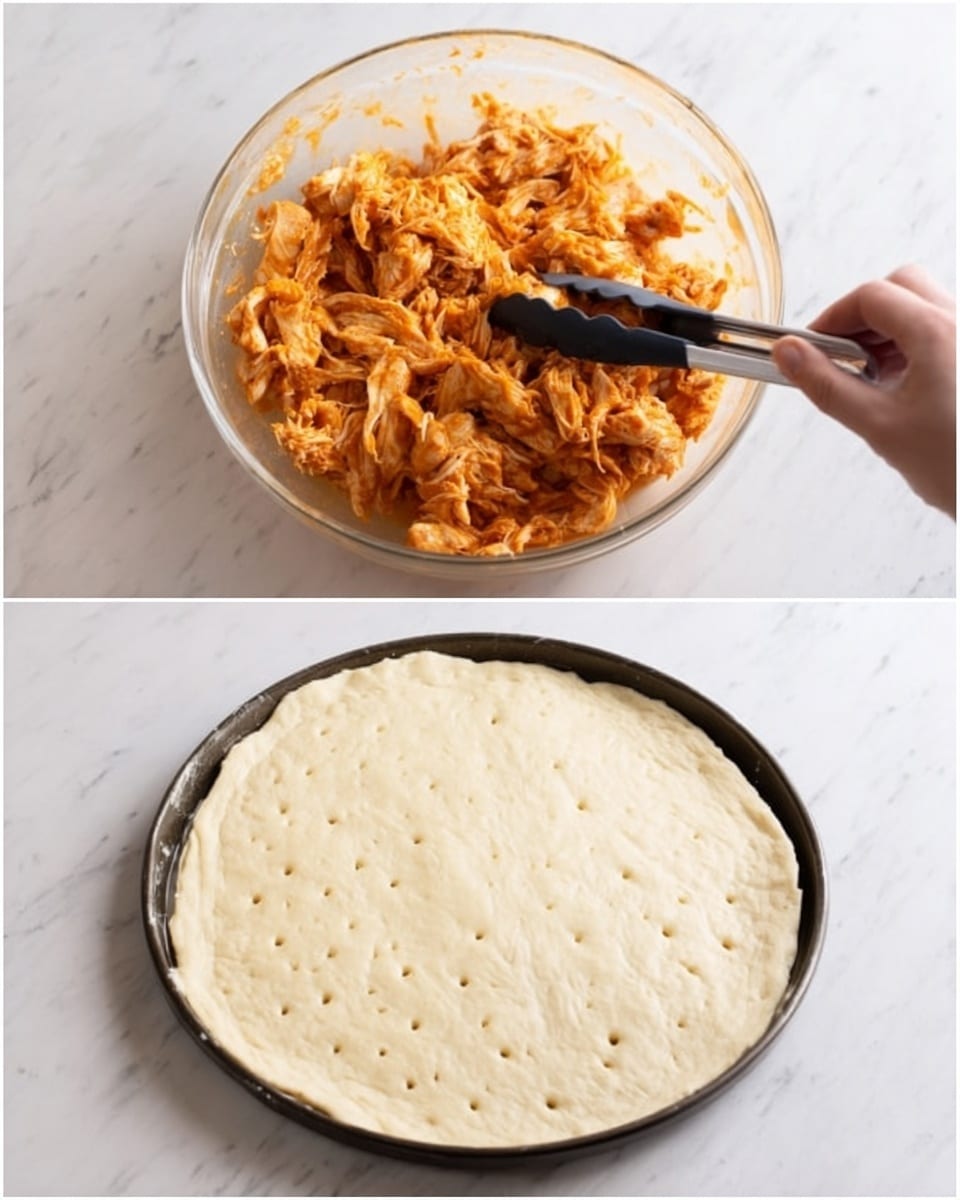 The image shows two panels. The first panel has a clear glass bowl filled with shredded orange chicken mixed with sauce. A pair of black tongs is partially inside the bowl, holding some of the chicken. The second panel shows a round pizza dough placed on a black pizza pan sitting on a white marbled surface. A woman's hand is holding a silver fork, poking small holes into the dough evenly across its surface. Photo taken with an iphone --ar 4:5 --v 7