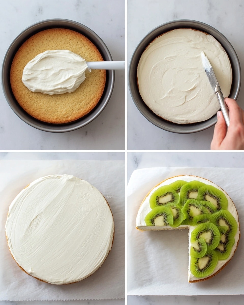 The image shows four stages of making a simple layered dessert on a white marbled surface. The first layer is a round, golden brown cake sitting in a gray baking pan. Next, a woman's hand spreads a creamy white frosting over the cake with a small spatula. Then, the whole cake layer is covered smoothly with this white frosting and placed on white parchment paper. Finally, the frosted cake is cut in half, and one half is decorated with bright green sliced kiwi along the curved edge, resting on the white marbled surface. Photo taken with an iphone --ar 4:5 --v 7