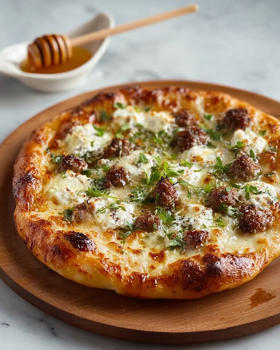 A round pizza with a thick, golden-brown crust sits on a wooden board on a white marbled surface. The pizza has a base layer of melted cheese with patches of browned, crispy spots. On top, there are scattered chunks of browned sausage and dollops of white, creamy cheese. Fresh green herbs are sprinkled across the pizza, adding a touch of bright color and texture. In the background, a honey dipper rests near a small white bowl with honey. The photo taken with an iphone --ar 4:5 --v 7