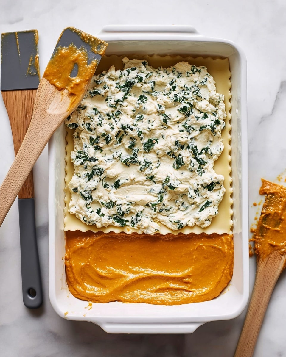 A white baking dish sits on a white marbled texture surface, filled with a layered lasagna in progress. The bottom layer is a thick, smooth orange sauce spread evenly across the dish. Above it, a layer of pale yellow lasagna noodles lies flat. The top layer is a creamy white mixture with specks of green cooked spinach scattered throughout, giving a textured and slightly chunky look. Two wooden-handled spatulas with dark gray heads rest nearby, one inside the dish partially submerged in the creamy layer, and the other on the marble surface with a bit of orange sauce on it. photo taken with an iphone --ar 4:5 --v 7