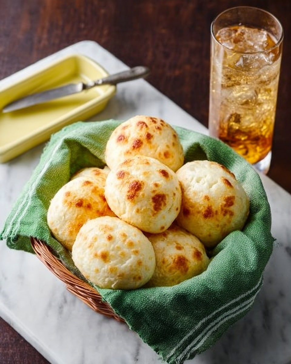 The image shows a basket filled with several round, light golden cheese bread rolls with small melted cheese spots on their surface. The rolls are puffy and have a soft, slightly uneven texture. The basket is lined with a green cloth with white dots, and it sits on a white marbled surface. The focus is close, highlighting the bread's texture and warm baked color, making the bread look fresh and tasty. photo taken with an iphone --ar 4:5 --v 7