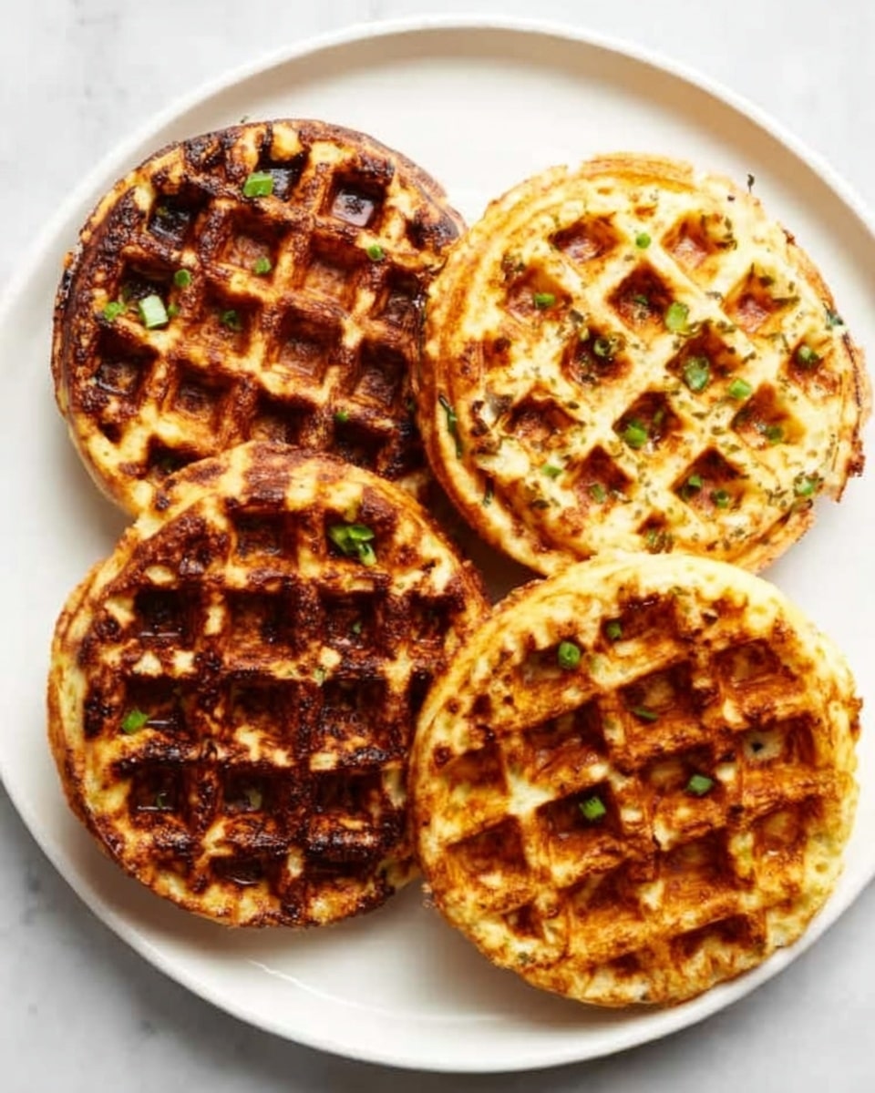 Four round waffles with a golden brown color and crisp texture are placed on a large white plate. Two waffles have small green herb pieces visible on top, and the other two are plain without any toppings. The waffles have a grid pattern with deep indentations, showing a slightly shiny surface that suggests they are freshly cooked. The plate sits on a white marbled surface. Photo taken with an iphone --ar 4:5 --v 7