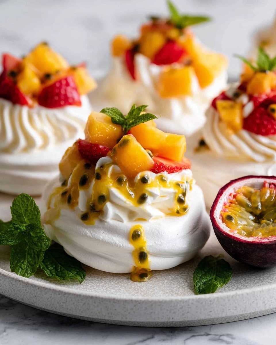 This image shows small round pavlova nests with three layers: the bottom layer is a crisp white meringue base with soft swirls, the middle layer is smooth white cream dolloped on top, and the top layer is a mix of diced bright orange mango and red strawberries, all drizzled with yellow passion fruit sauce that has visible black seeds. The pavlovas are arranged on a white plate with a gray tone, and next to them is a halved passion fruit showing its yellow pulp and seeds. Fresh green mint leaves are placed around the pavlovas, and the whole setting rests on a white marbled surface. Photo taken with an iphone --ar 4:5 --v 7