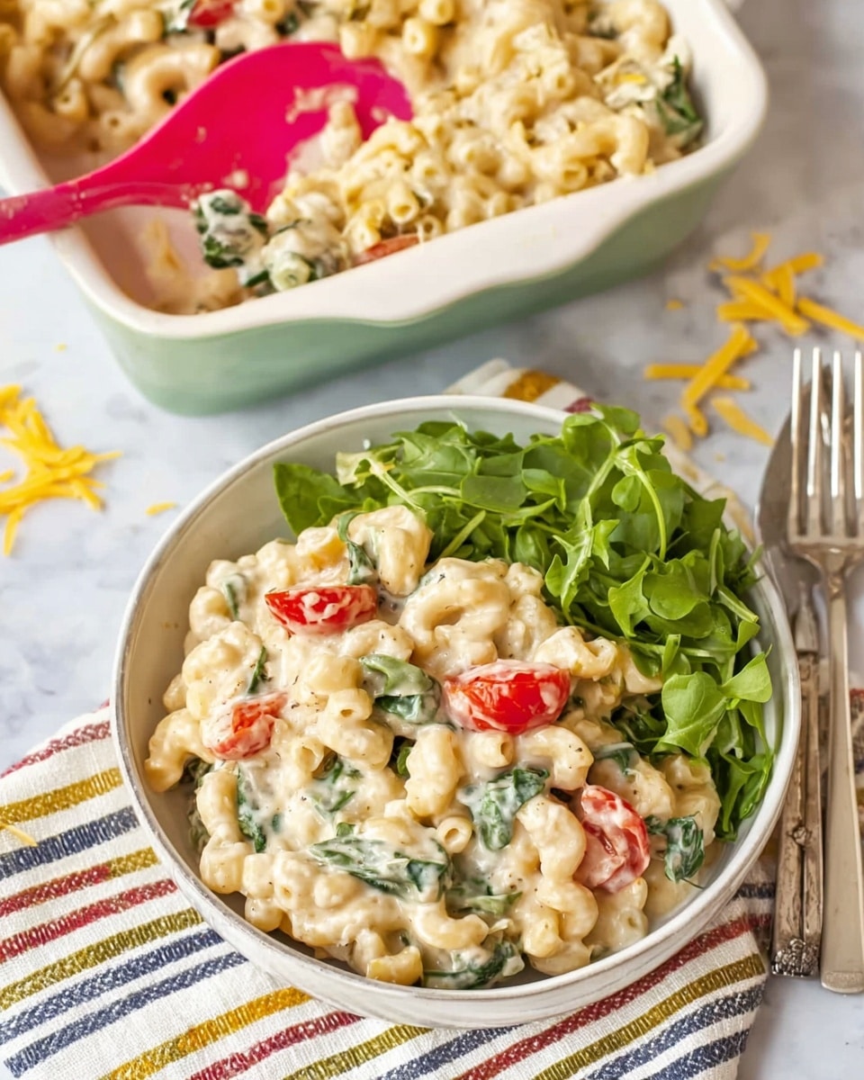 A white bowl filled with creamy pasta made of small, curly macaroni covered in a thick white sauce with visible pieces of spinach and bright red cherry tomato halves mixed in. On the right side of the bowl, there is a fresh green salad with leafy watercress, adding a fresh and colorful contrast to the creamy pasta. Behind the bowl is a white baking dish filled with more of the same creamy pasta, with a bright pink spoon scooping into it. The background is a white marbled surface with a striped cloth underneath the bowl and a silver fork placed on the right side. Some shredded yellow cheese pieces are scattered on the surface near the bowl. photo taken with an iphone --ar 4:5 --v 7
