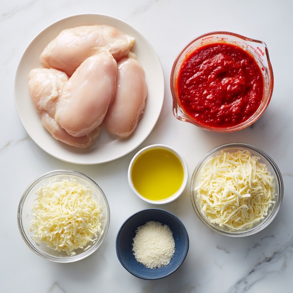 The image shows six containers with ingredients on a white marbled surface. On the top left, there is a white plate holding three large, smooth, pale pink raw chicken pieces. To the right, a clear measuring cup is filled with thick, bright red marinara sauce. Below the chicken, a small white cup holds golden yellow olive oil. Next to it, a small dark blue bowl contains a small pile of off-white garlic powder. At the bottom, two clear measuring cups show shredded white mozzarella cheese on the left and finely grated pale yellow parmesan cheese on the right. The overall look is clean and well arranged, photo taken with an iphone --ar 4:5 --v 7