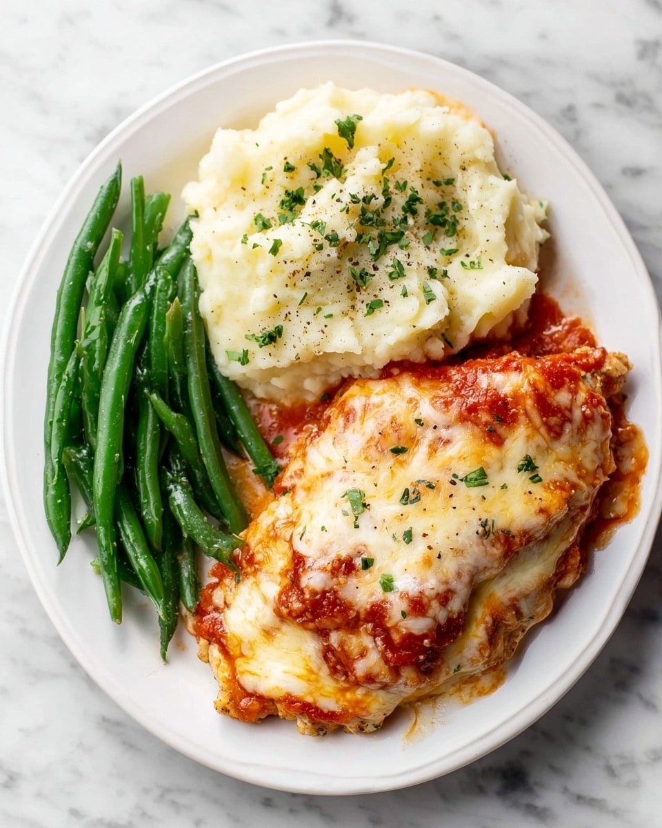 A white plate shows a meal with three parts: on the left, a cluster of bright green cooked green beans, smooth and slightly shiny; next to it on the right, a mound of creamy white mashed potatoes topped with a layer of chunky red tomato sauce and melted golden cheese partially mixed in; on the top right, a large piece of chicken covered fully with a thick layer of melted pale yellow and slightly browned cheese, sprinkled with small green herbs and black pepper. The plate sits on a white marbled surface. photo taken with an iphone --ar 4:5 --v 7