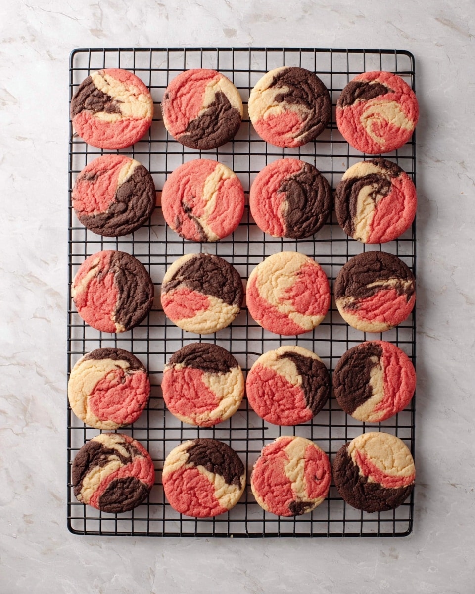 A black cooling rack holds 18 round cookies arranged neatly in rows on a white marbled surface. Each cookie has three colors swirled together: bright red, dark brown, and light cream, forming a marbled pattern with no clear separation, blending softly into each other. The cookies look soft and slightly cracked on top, showing their texture clearly. photo taken with an iphone --ar 4:5 --v 7