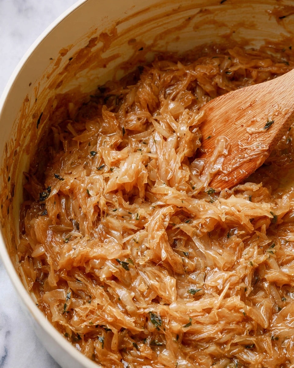 A close-up view of shredded onions cooked down into a thick, light brown caramelized mixture with visible small herb pieces and a glossy texture, stirred by a light wooden spoon resting on the right side, all inside a white pot with a smooth interior, the background showing a white marbled surface. photo taken with an iphone --ar 4:5 --v 7