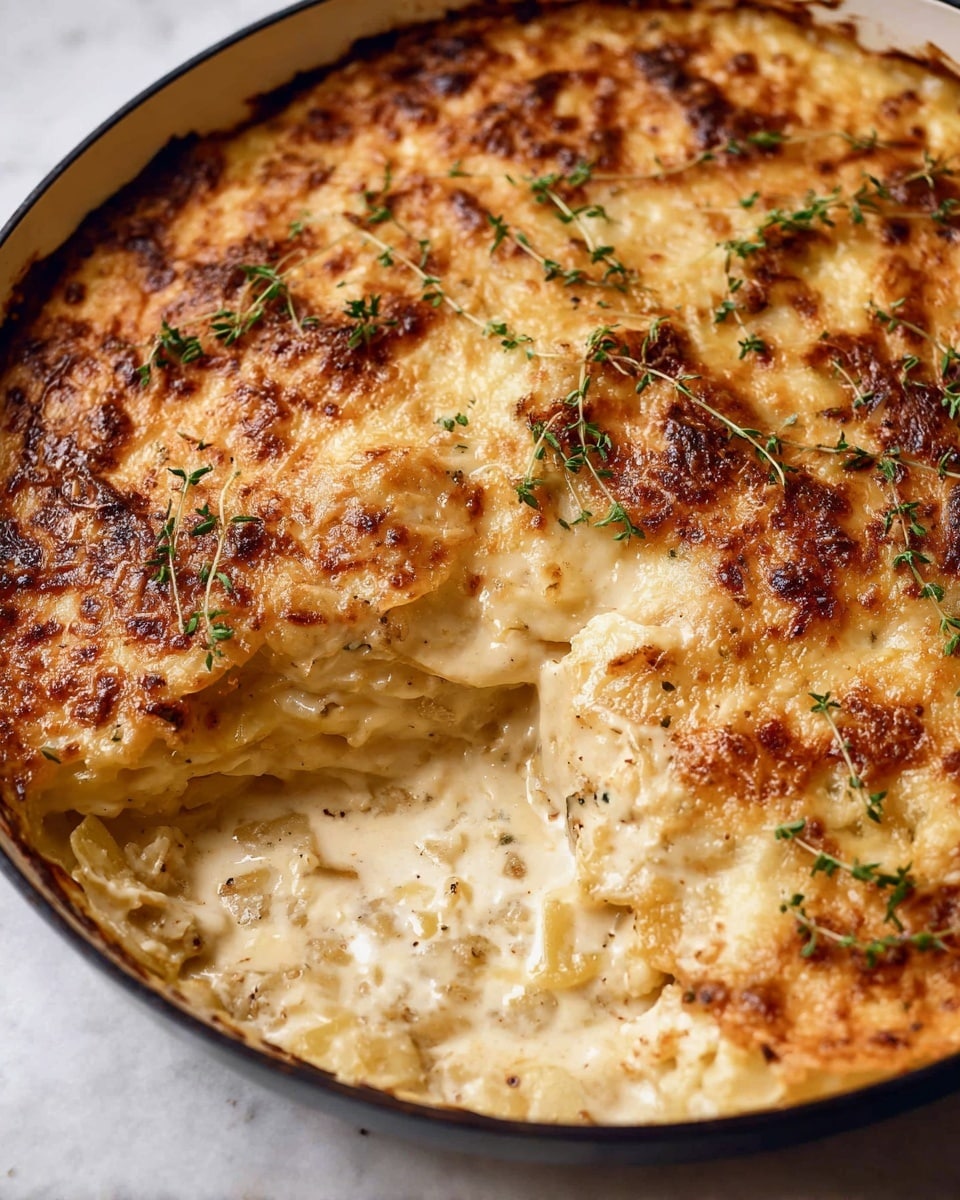 A creamy baked dish with a golden-brown top layer of melted cheese spread evenly, slightly bubbly and crispy around the edges. Beneath the cheese, there are soft, flat pasta layers visible in the cut section, mixed with a rich creamy sauce that looks smooth and thick. Small green herb sprigs are scattered on top for decoration. The dish is served in a round white pan with a dark rim, placed on a white marbled surface. photo taken with an iphone --ar 4:5 --v 7