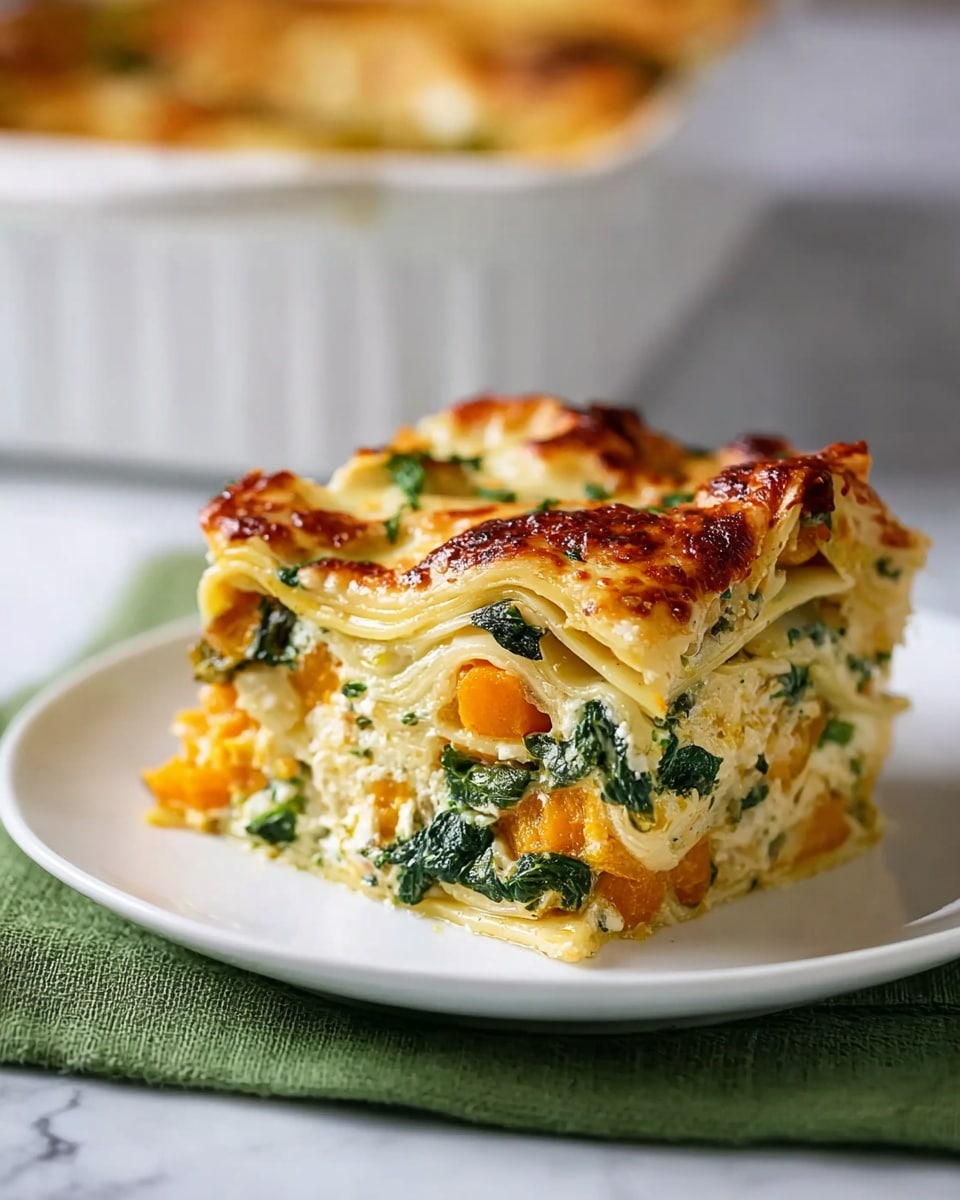 A thick square piece of lasagna sits on a white plate above a green cloth, showing four visible layers. The top layer is a golden-brown, melted cheese with some darker spots from baking. Underneath, there are alternating thin, creamy pasta layers and layers with bright green spinach leaves mixed with orange chunks of cooked vegetables, likely pumpkin or squash. The edges look soft but firm enough to hold the shape. In the blurry background, a white baking dish filled with the same lasagna sits on a white marbled surface. Photo taken with an iphone --ar 4:5 --v 7