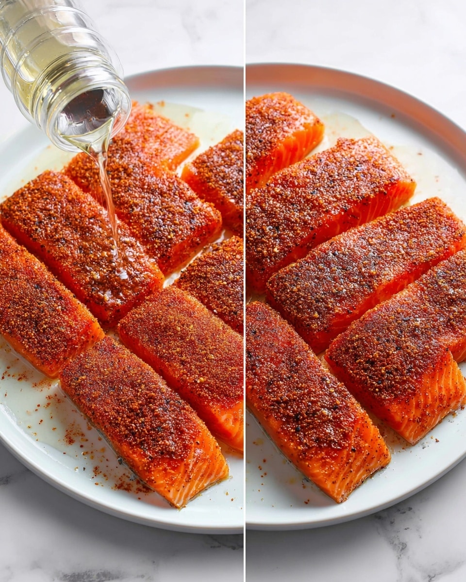 The image shows six pieces of bright orange salmon fillets laid flat on a large white plate, arranged in two rows of three pieces each. Each piece is covered evenly with a dark brown and reddish spice mix, creating a textured layer on top of the smooth salmon surface. On the left side, a clear bottle with a silver spout is pouring a light liquid over the fish, adding a glistening shine to the fillets, while on the right side, the salmon appears fully coated with the spice and liquid, giving it a rich, glossy look. The plate sits on a white marbled surface, enhancing the vibrant color of the salmon and spices. photo taken with an iphone --ar 4:5 --v 7