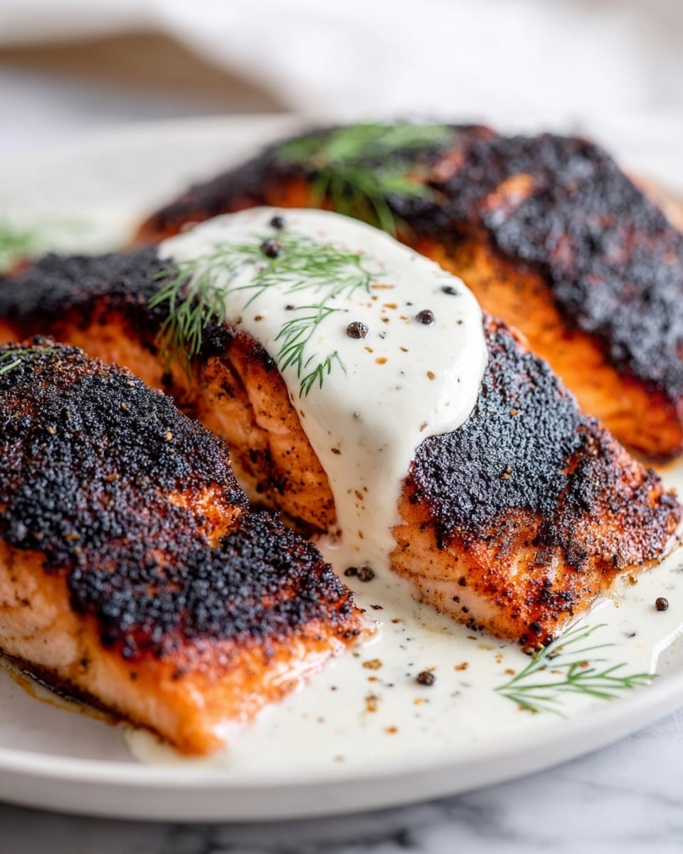 The image shows three thick pieces of cooked salmon on a white plate, each piece with a blackened crispy top layer and a juicy pink-orange layer beneath. A smooth, creamy white sauce is drizzled over the center salmon piece, decorated with small green dill leaves and black pepper specks. The plate is set on a white marbled surface, adding a clean, bright look to the scene. The texture of the salmon is crunchy on top and tender inside, and the sauce adds a soft contrast in the middle. photo taken with an iphone --ar 4:5 --v 7